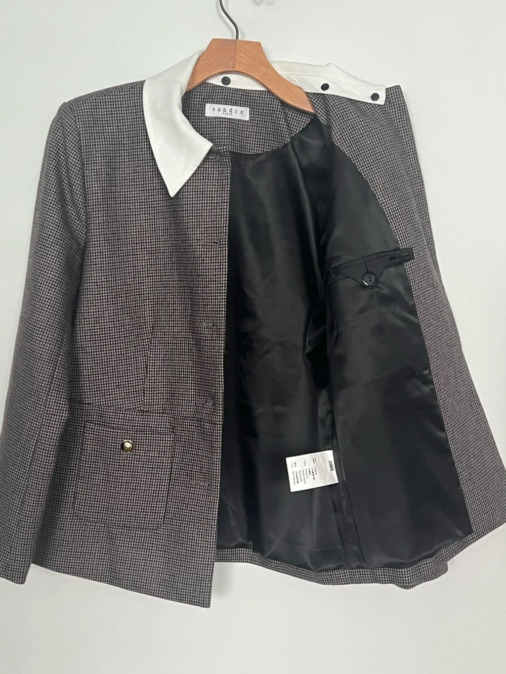 Sandro Paris Houndstooth Wool Blend Jacket Removable Collar Small